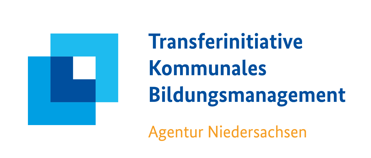Logo der „Transferinitiative Kommunales Bildungsmanagement“ mit blauen Quadraten und orangefarbenem Text.